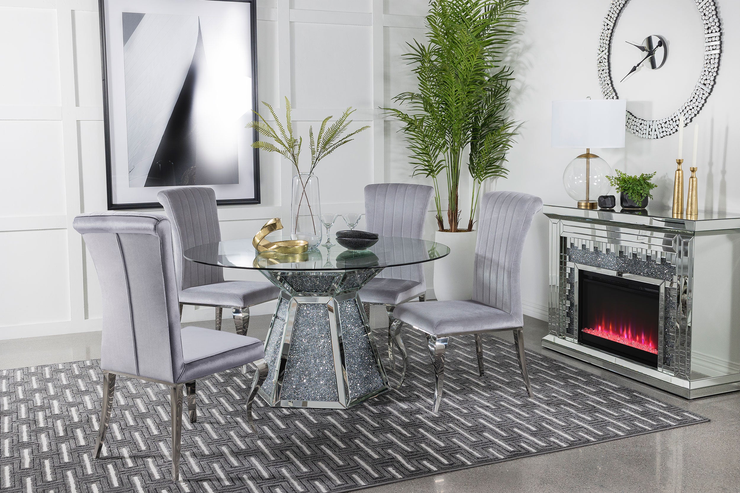 Quinn 5-piece Round Glass Top Mirrored Dining Set
