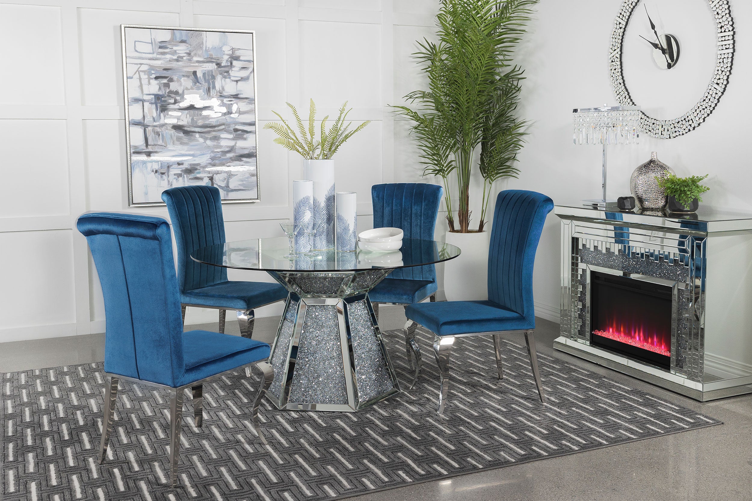 Quinn 5-piece Round Glass Top Mirrored Dining Set