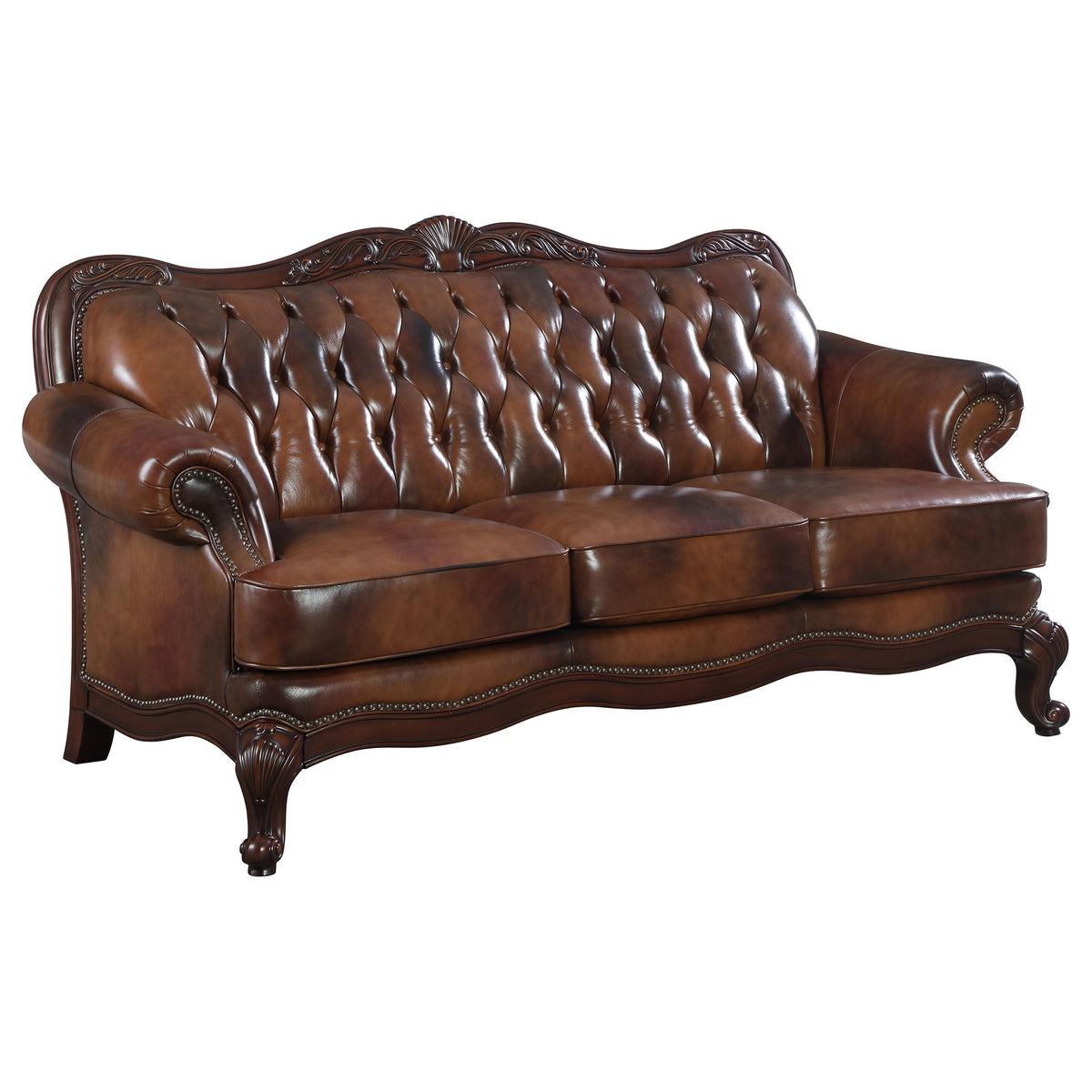 Victoria  Leather Upholstered Rolled Arm Sofa Brown